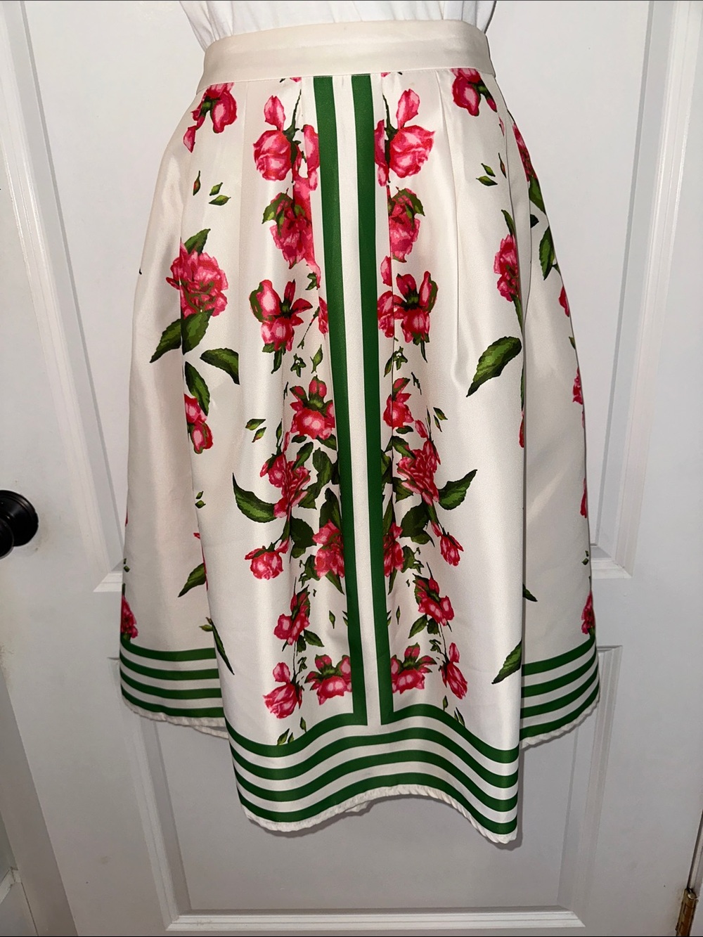 Jealous Tomato Retro Look White Full Skirt with Pink Floral and Green Trim